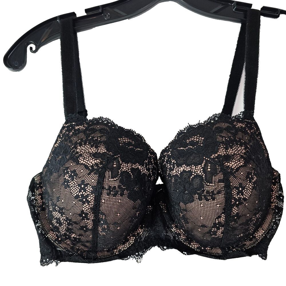 Victoria Secret Lined Demi Bra 34DD Black‎ Nude Lace Sexy
